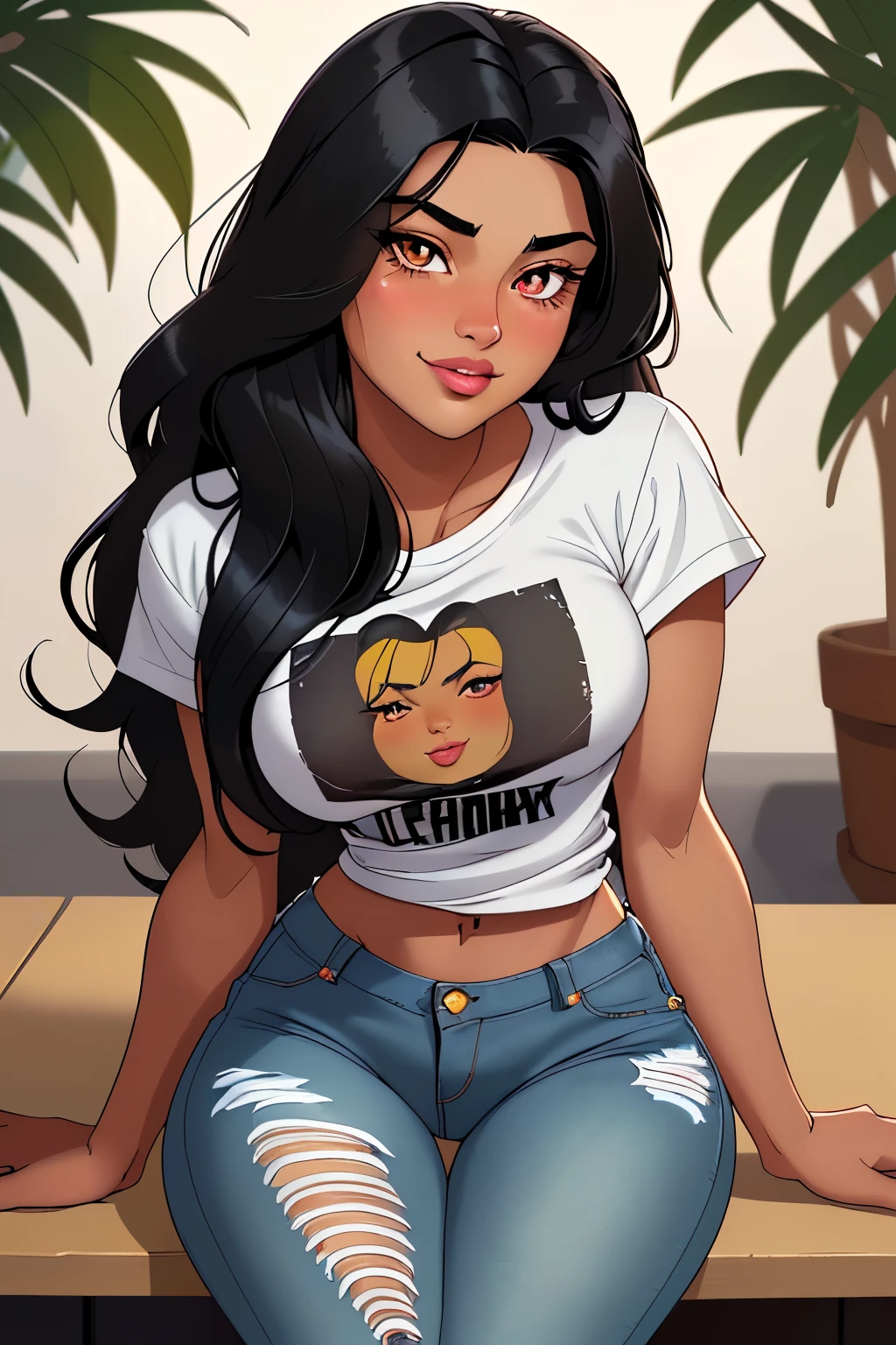 Amazing portrait of a sexy exotic beauty with her olive skin, long black hair, and striking features, almond-shaped eyes framed by thick lashes, full lips curled into a teasing smile, wearing a simple t-shirt paired with ripped jeans and sneakers, lips parted, about to kiss, romantic, intimate