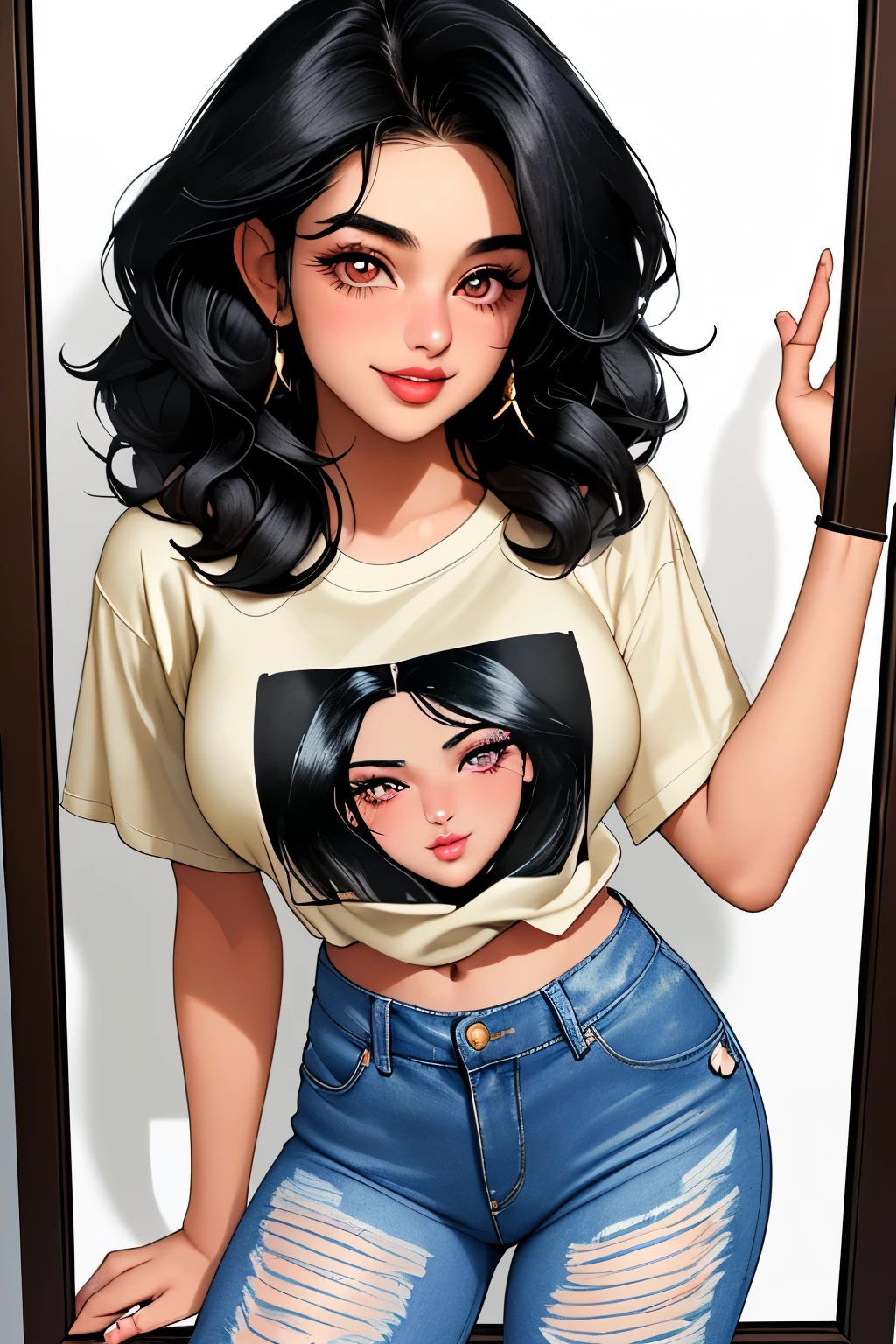   - Start with a round face shape.
   - Add extra large, expressive eyes with a straight nose and full lips.
   - Draw smooth, straight black hair, shoulder-length or a bit longer.
   - For the body, make it slightly chubby to reflect the weight and height.
- Make her features indian like young 19 year old in modern cute outfit
Make her super sexy and eye catching and more slutty and very busty big boobs and just single pic in a sex position tjat is Missionary. On bed legs spread full view of pussy. Legs openly spread. And name her aaria. More bigger boobs busty

A character with a round face shape, large expressive eyes, a straight nose, and full lips. They have smooth, straight black hair that is shoulder-length or a bit longer. The body is slightly chubby, reflecting a height of 157 cm and weight of 62 kg