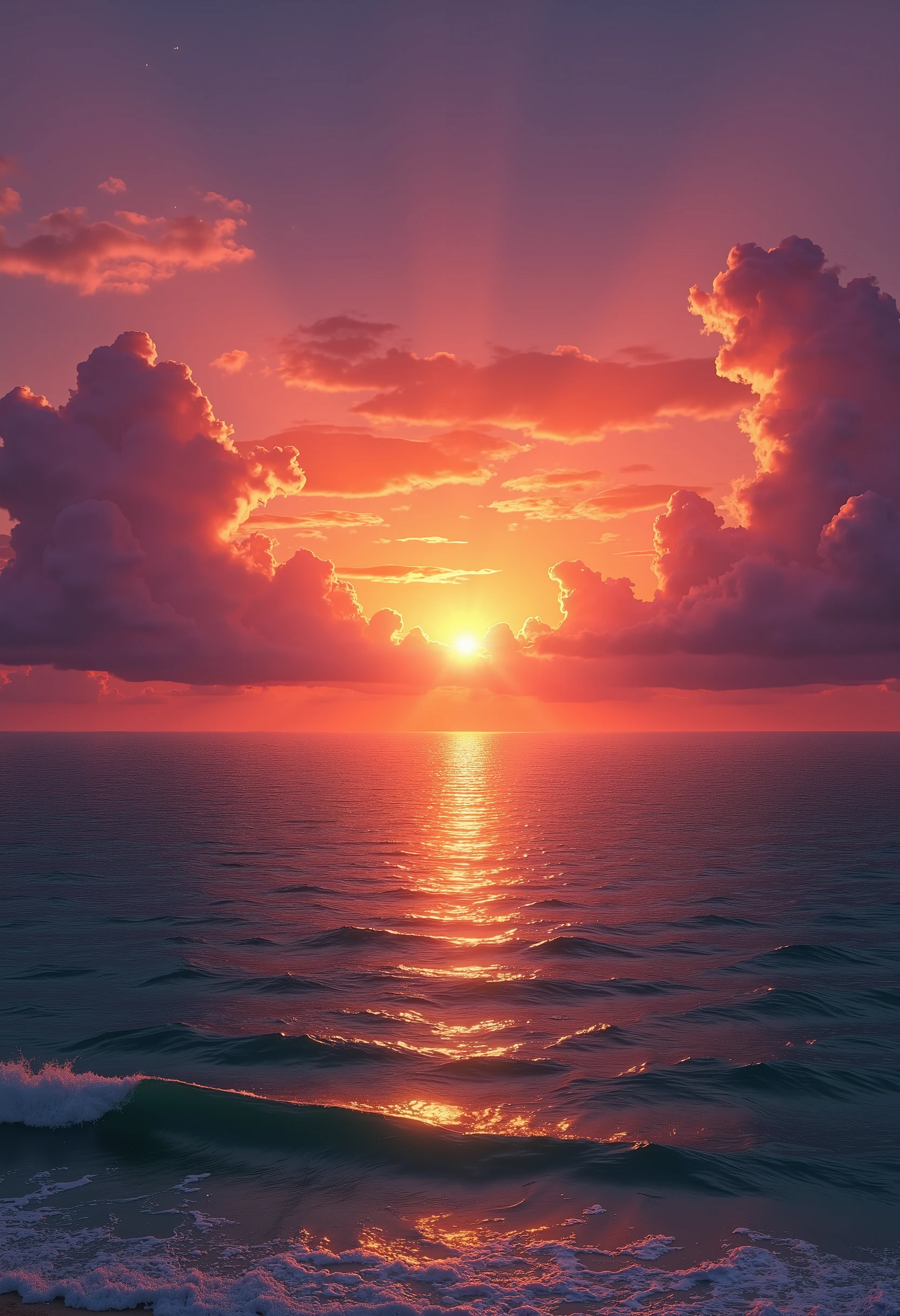 Sunset over the ocean with a bright orange sky and clouds - SeaArt AI