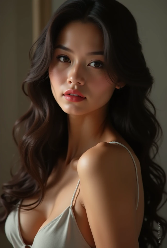 best quality, masterpiece,intricate detail, depth of field,highest quality,extremely detailed,high res,4k,ultra high res,detailed shadow,ultra realistic,realistic,dramatic lighting, 1 filipina girl, solo,detailed face,detailed eye,realistic skin,narrow waist,lace, lace trim,dress,delicate pattern, intricate detail, upper body shot, curvy body, brown skined