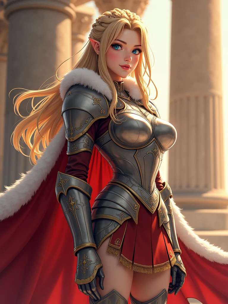 Masterpiece, best quality, White, Korean woman, tall, slender, Female Knight, red armor, beautiful face, beautiful hand, anime pastel, cleavage, Castle, wide-angle, sultry look, seductive