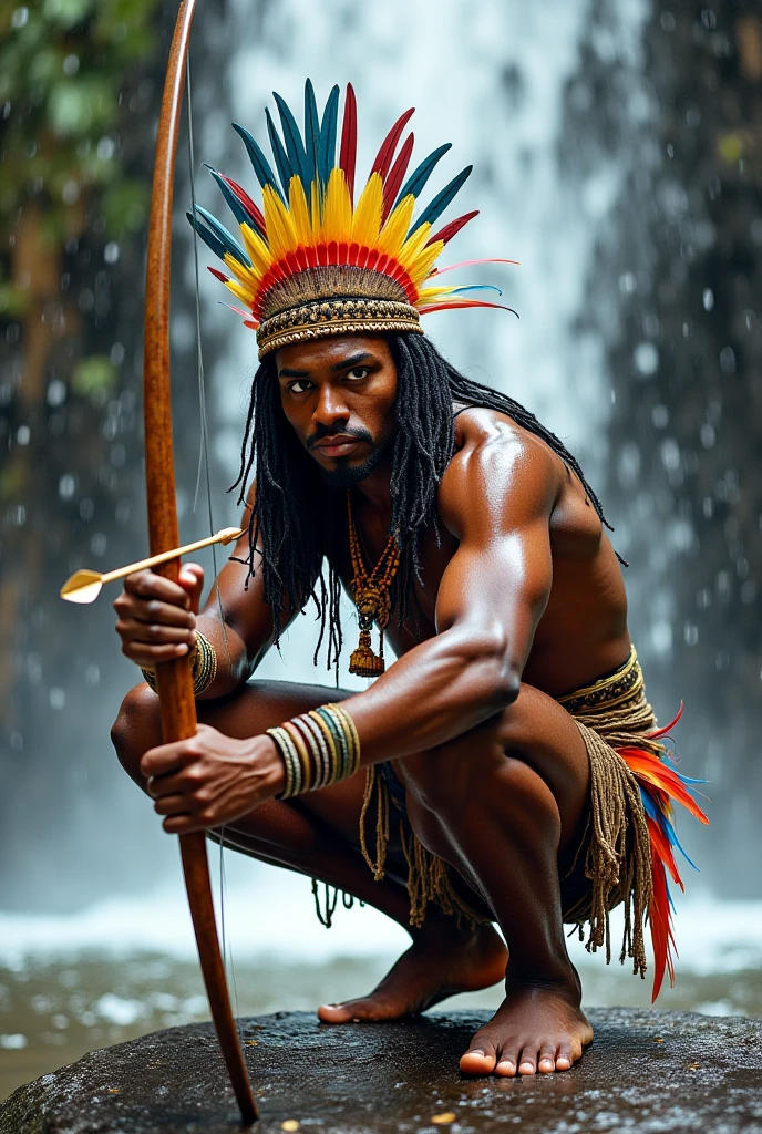 Orisha Oxossi in black shooting seven arrows , with feathers on the head