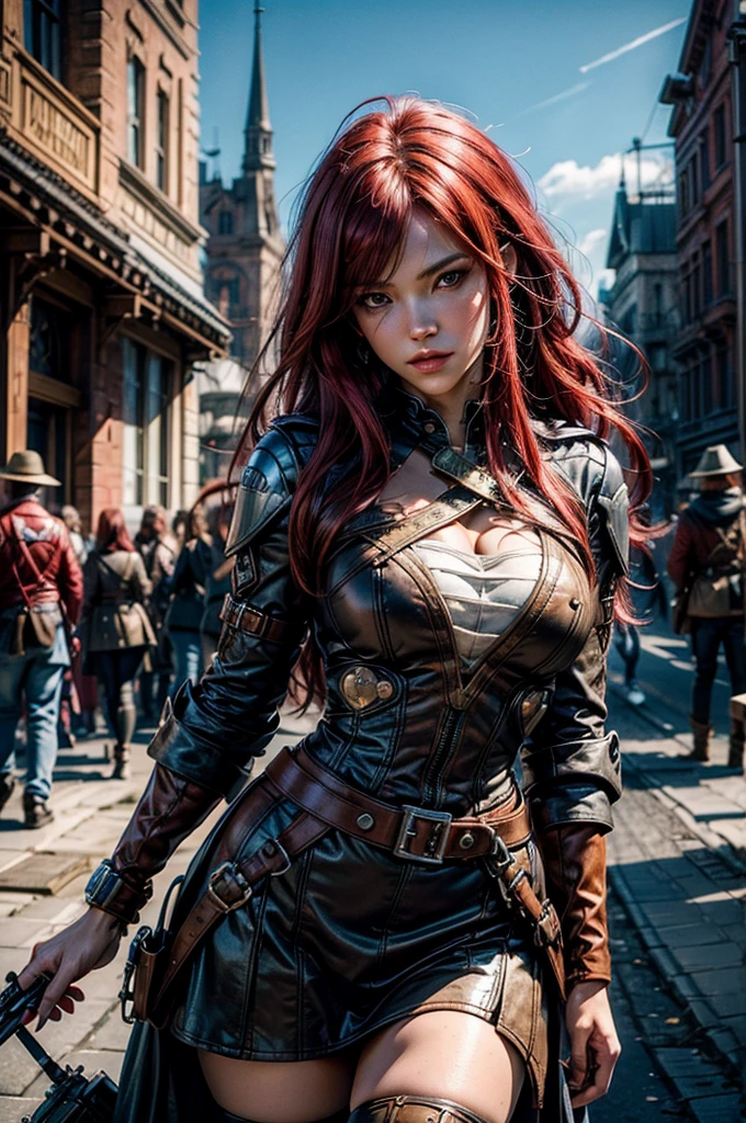 (masterpiece,stunning girlfriend, (standing:1.1), dynamic pose, heart shaped face, elegant face, beautiful face, highly detailed face, highly detailed skin, skin pores, subsurface scattering, realistic pupils, looking at viewer, full lips, detailed background, depth of field, atmospheric perspective, volumetric lighting, sharp focus, absurdres, realistic proportions, good anatomy, (realistic, hyperrealistic:1.4), 16k hdr, neopolitan, neopolitan, long hair, brown hair, (brown eyes:1.3), brown eyes, pink eyes, (heterochromia:1.2), ((two-tone hair, split-color hair, pink hair, brown hair, multicolored hair)), BREAK gloves, hat, navel, detached sleeves, midriff, belt, pants, white gloves, black headwear, bowler hat, fighting pose, BREAK standing inside old steam train, post-apocalypse, dystopian future, crowd, (crowd in military uniforms), bonfires, BREAK looking at viewer, (cowboy shot:1.5), BREAK (masterpiece:1.2), best quality, high resolution, unity 8k wallpaper, (illustration:0.8), (beautiful detailed eyes:1.6), extremely detailed face, perfect lighting, extremely detailed CG, (perfect hands, perfect anatomy)