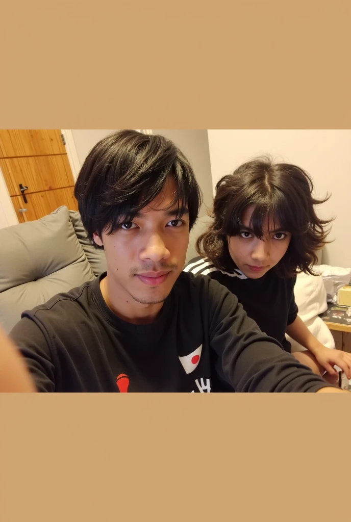 23-year-old female、Red and black two-tone bob、27-year-old male athlete、Macho、2 shots、Upper Body、His Room
