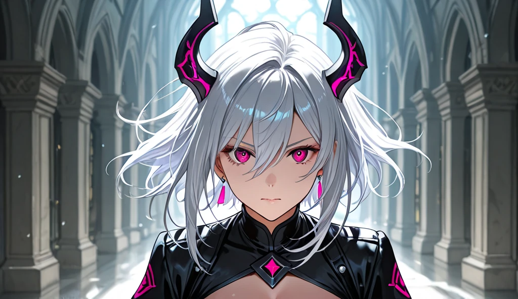 ((masterpiece, best quality)), the chaos knight, design by Yoshitaka Amano , life bringer, justice, death, death's gaze, demon within, corrupted, frank frazetta, BREAK, highly detailed of (dark elf), (1girl), solo, perfect face,details eye, short hair, low ponytail, Blunt bangs, (hair between eye), white hair, violet eyes, fantasy art by Artgerm, by Kawacy, by Wadim kashin, BREAK, eyelashes, eyeshadow, pink eyeshadow, ((Scar on face)), dark skin, glaring, smile,