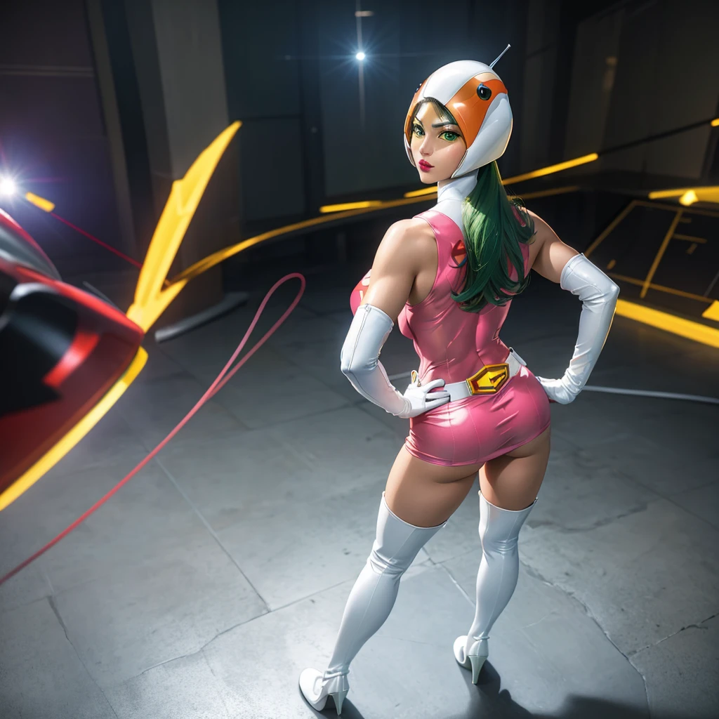 ANI_CLASSIC_jun_gatchaman_ownwaifu,1girl, 15 years old, good anatomy, masterpiece, best quality, realistic, hyperrealistic, 16k hdr, breasts, green eyes, lips, large breasts, lipstick, makeup, gloves, cape, helmet, belt, elbow gloves, white gloves, mask, ultra miniskirt, leotard, spacesuit, white tight overknee highheels boots, pink dress, superhero,bodysuit,(lying flat poses, view from above),pantyhose