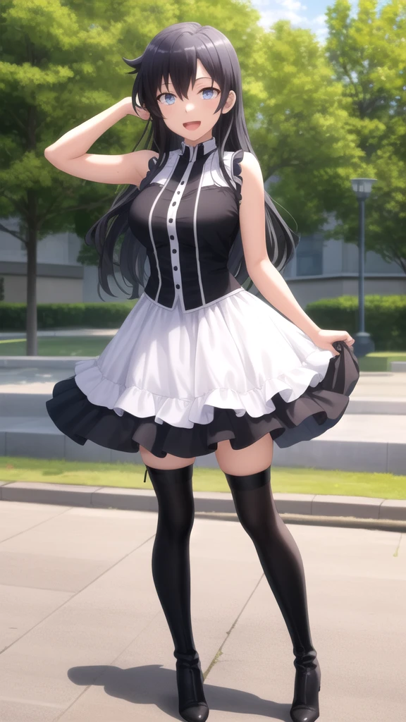 4K,teens girl,cute face,Long black hair,Black eyes,ssmile,mediuml breasts,White pleated skirt,white stockings,high-heels,full bodyesbian,On the street,Turn around slightly,The edges are illuminated