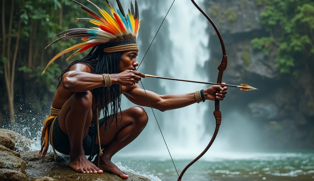 An Indian man, strong but not muscular, with big hair, beardless with a bow in his hand in northeastern Brazil, in the caatinga and aiming this bow somewhere, and with his face painted with indigenous paints