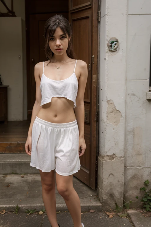 ((((masterpiece, best quality)))), ((26 year old)), ((((Japanese woman with long black hair))), in ((white tanktop)), ((((white high cut panties)))), (((Large Hips))), ((standing in a messy bedroom)), (smiling), (blushing), (((photo realistic))), ((80's film, 80's movie scene, 80's TV Style, 80's women's underwear commercial))