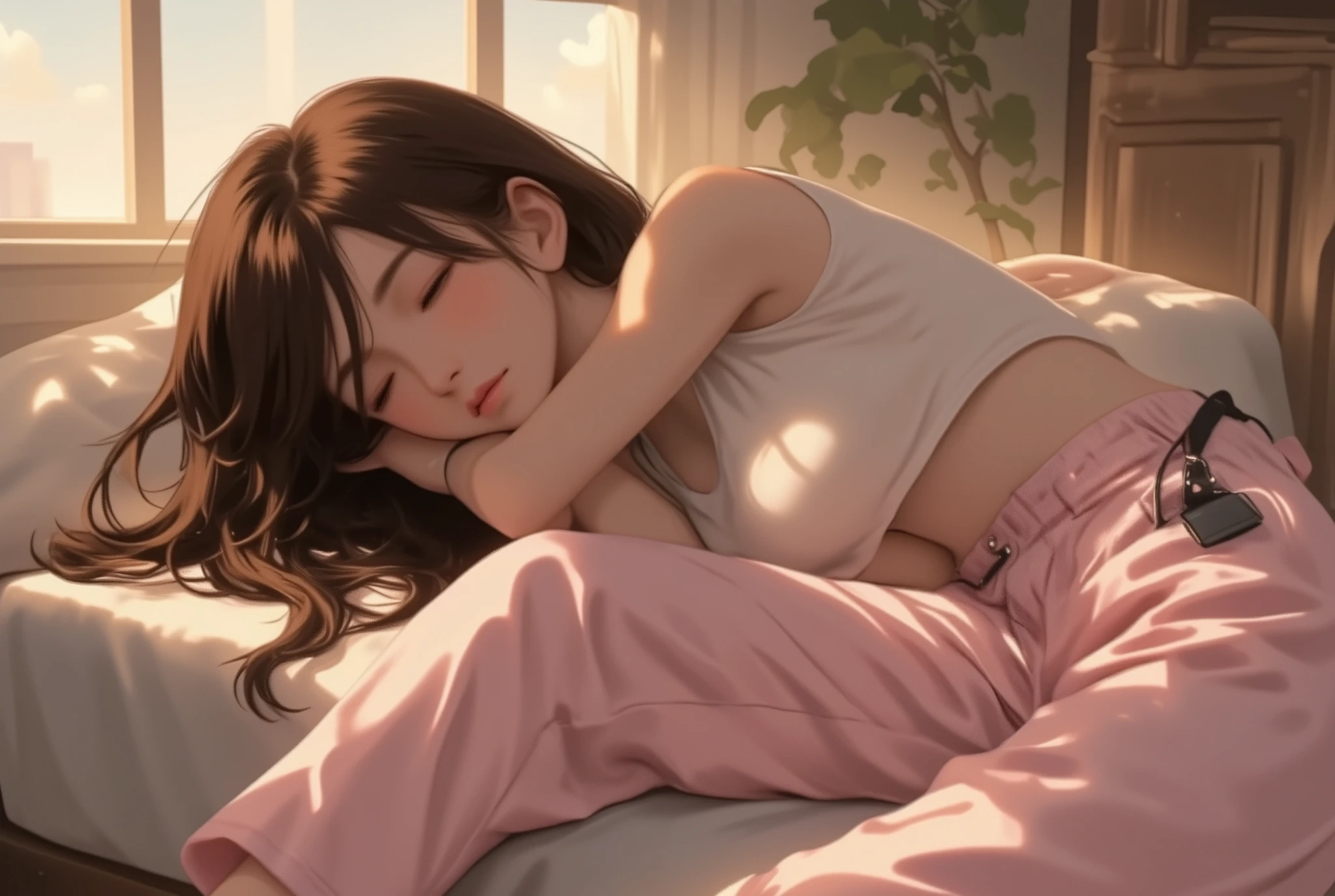 ((best quality)), ((masterpiece)), (detailed), perfect face, lying in bed and sleeping, take off all clothes, rainy window, Rainy night, eyes closed, one woman, underclothed, butt visible, breasts visible, sleeping on a pillow