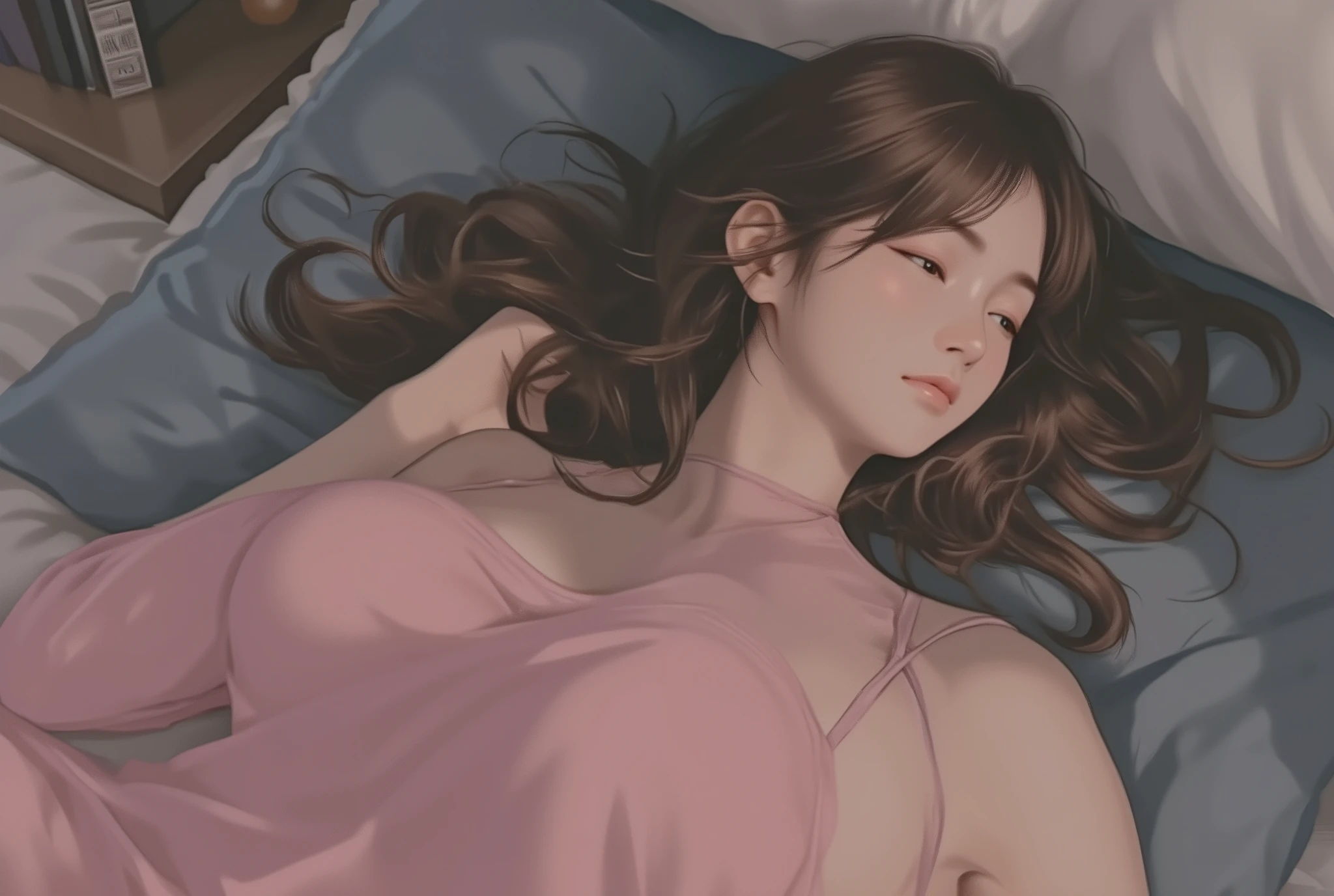 sleeping girl, 22 years old, realistic,  (Big Breasts、deep cleavage),  she is wearing long pants , I'm wearing pink pajamas, brown hair.