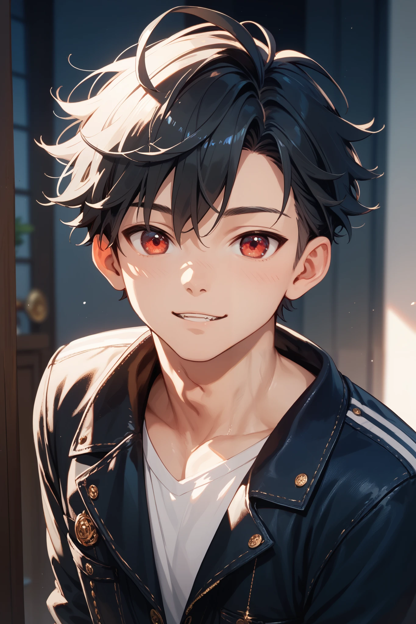 Anime boy with black hair and red eyes in a black jacket - SeaArt AI