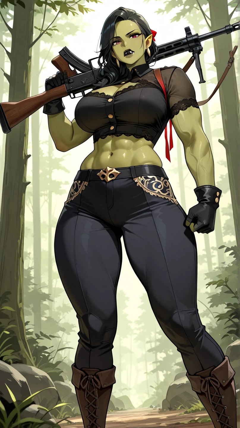 ((Masterpiece, plain background,1:2, masterpiece)) full body standing with separate yellow tiger print stockings thighs and sleeves, yellow tiger bikini print, hands on waist, navel, lustful smirking smiling, smile face (red blushed, red cheeks) armbands, black leather choker slave collar, metal sandals, big knockers, cleavage, separate sleeves, leather corset, hands on hips, shackles bracelets, slave red crest, loincloth standing, metal sandals, big belt, view from below, feet together, bracers, standing contrapposto straight symmetrical looking to viewer