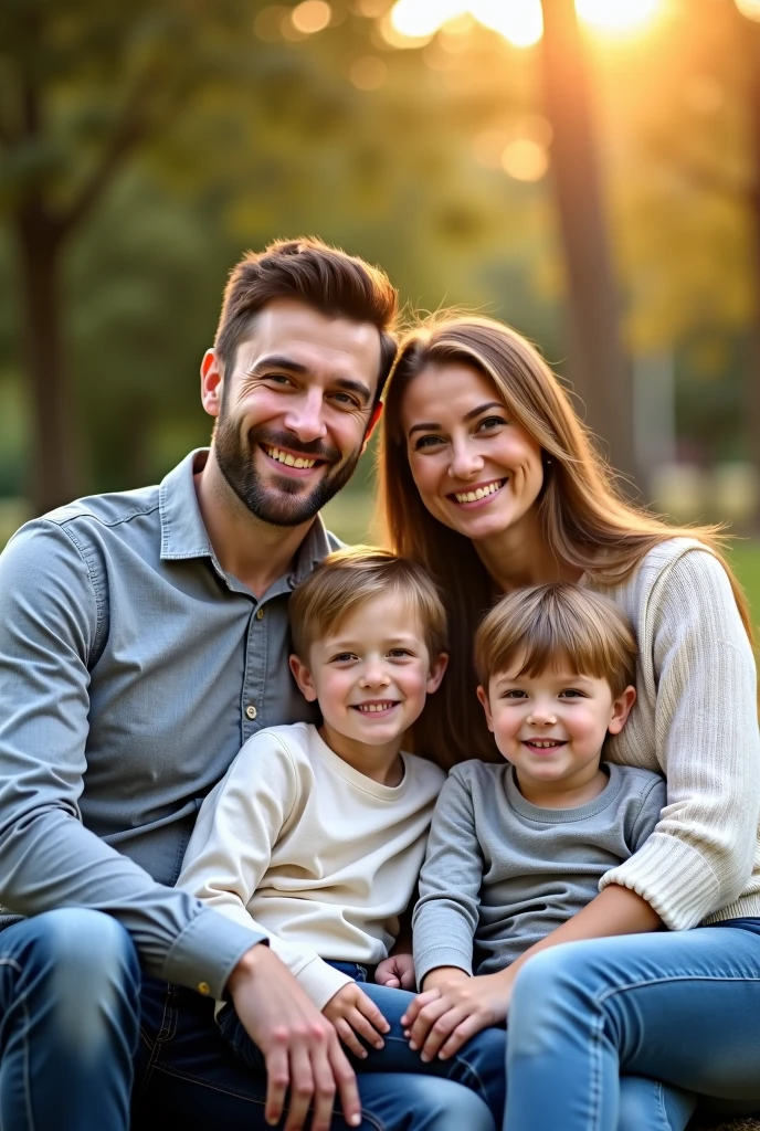 Avec l&#39;IA, faites une photo portrait d'un couple avec leur 2 enfants au lac d'annecy, l'homme à les cheveux long et noir sans lunette, la femme a les cheveux blonds et porte des lunettes. Et avec leurs enfants, un garçon de trois ans avec des cheveux noirs atteignant son front et une fille de 5 ans, aux cheveux long. 