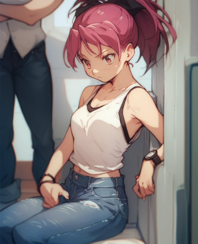 score_9, score_8_up, score_7_up, rating_explicit, masterpiece, best quality,high quality,highres,very aesthetic, absurdres, high detailed,optimal lightning,4k,8k wallpaper, source_anime, uncensored,official art, official style, megami magazine,BREAK,girl standing facing the side of a male,girl pressing chest against the another's arm,1girl,Revy, long hair, brown hair, brown eyes, ponytail,black crop top, fingerless gloves, short shorts, denim shorts,blue shorts,unamused,confused,disappointed,embarrassed,BREAK,1male,faceless male,standing,arms at sides,clothed,BREAK,alley,