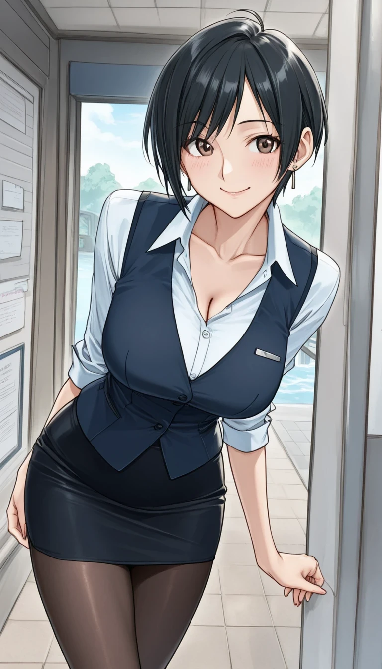 score_9, score_8_up, score_7_up, source_anime top quality、8k、 masterpiece、super accurate、 natural light、PERFECT ANATOMY、 one woman、medium chest、saggy breasts:1.5、Cleavage、black hair、Shortcut、boyish、(Embarrassing:1.2、happy、fun)、smile、office lady、Office Vest、ribbon、Tight pencil skirt、pantyhose、(spring park)、is walking、waves