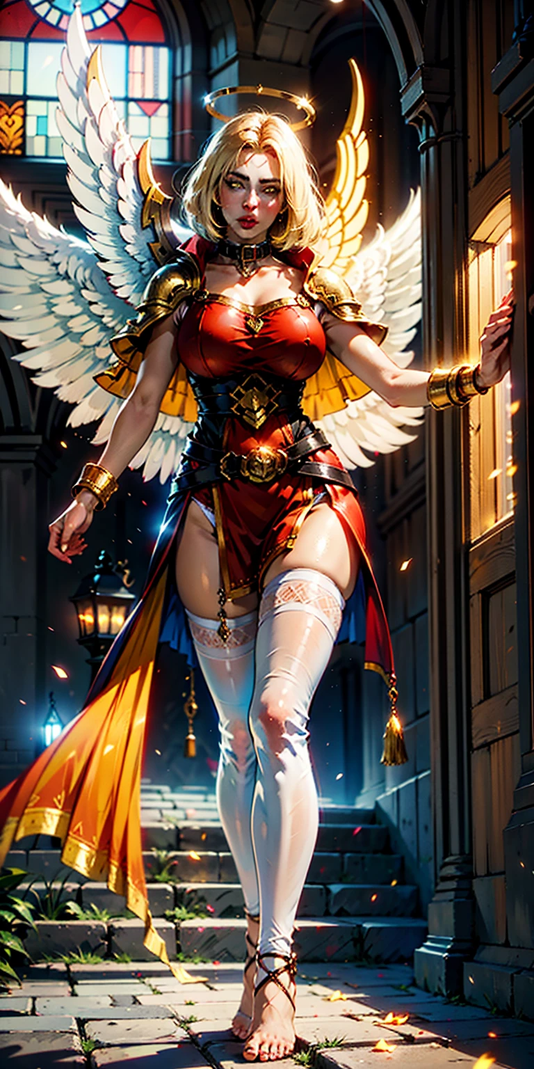 ((Top Quality, 8k, Masterpiece: 1.3)), arafed, dnd art, full body, aasimar (Masterpiece 1.3, intense details), cleric (Masterpiece 1.5, best quality), standing, casting a spell (Masterpiece 1.4, intense details), large angelic wings, white angelic wings spread (Masterpiece 1.3, intense details), in a temple (Masterpiece 1.3, intense details), standing at dawn, sunlight, wearing red robes (Masterpiece 1.3, intense details), black high heeled boots, detailed accurate face, (Masterpiece 1.5, best quality), long hair, blue eyes, black hair, long hair, ponytail, bead necklace, celestial choker, symbol-shaped pupils, anatomically correct (Masterpiece 1.3, intense details), makeup, evil smile, serious, ultra-wide shot, silver hair, very long hair, wavy hair, jewelry, aqua eyes, makeup, evil smile, god rays, cinematic lighting, glowing light, silhouette, from outside, photorealism, Wide-Angle, Ultra-Wide Angle, 8k, highres, best quality, high details