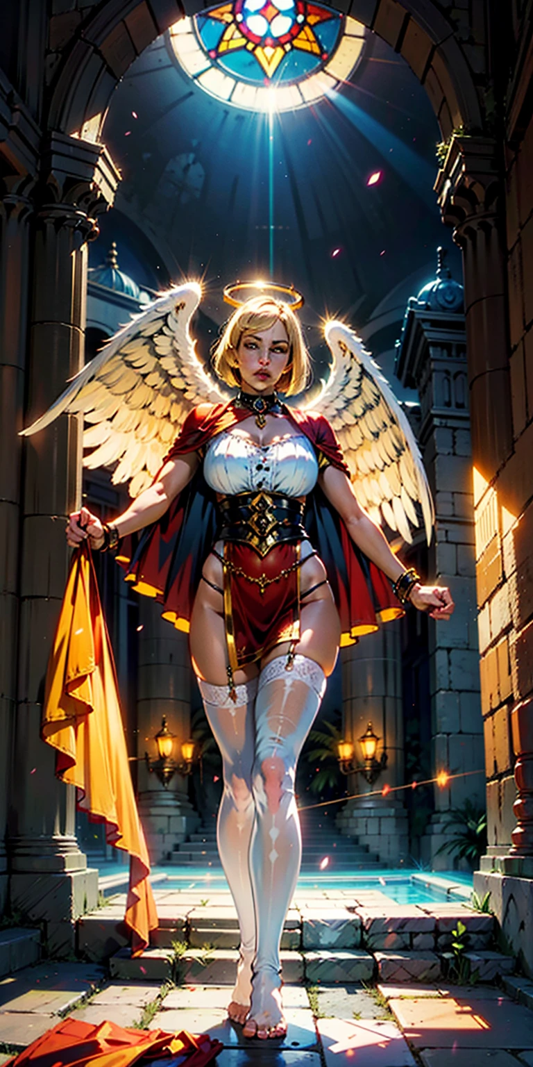 low angle, from below, paladin templar lady in white tabard, legwear, glowing yellow eyes, collar, golden chainmail, wide hips, barefoot, angel wings, pauldrons, halo, bob cut, blonde, eye focus, red cape, temple indoors, decorations, stained glass windows, night, particles, chromatic aberration, detailed, cinematic, dark scene, fantasy