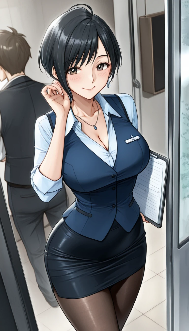 score_9, score_8_up, score_7_up, source_anime top quality、8k、 masterpiece、super accurate、 natural light、PERFECT ANATOMY、 one woman、medium chest、saggy breasts:1.5、Cleavage、black hair、Shortcut、boyish、(Embarrassing:1.2、happy、fun)、smile、office lady、Office Vest、ribbon、Tight pencil skirt、pantyhose、(spring park)、is walking、waves