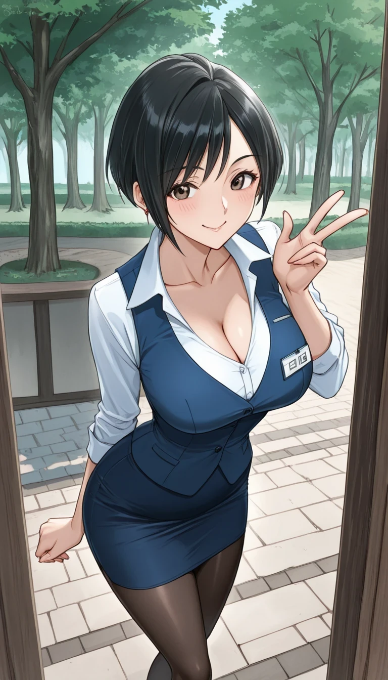 score_9, score_8_up, score_7_up, source_anime top quality、8k、 masterpiece、super accurate、 natural light、PERFECT ANATOMY、 one woman、medium chest、saggy breasts:1.5、Cleavage、black hair、Shortcut、boyish、(Embarrassing:1.2、happy、fun)、smile、office lady、 Pink Office Suit 、Office Vest、Tight pencil skirt、pantyhose、(((spring park)))、is walking、put your hands forward、V sign