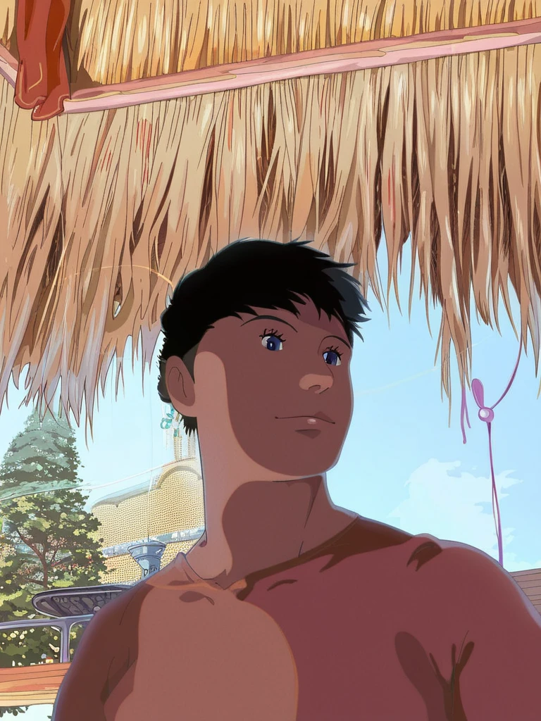 (masterpiece, best quality:1.1), kenai, 1boy, solo, outdoors, beach, palm trees, sunset, sand, water, tranquil, seashells, sea breeze, clear sky, shorebirds, hammock, jealous, topless male, nipples, looking at viewer, arms up, spread fingers, (magic, glowing glowing orange:1.1)