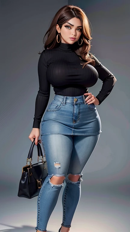 Woman in street, curvy body, very detail ,wide hips, loong legs ,thick high, full body in camera, wearing strap wedges, cropped knitted sweater,baggy pants