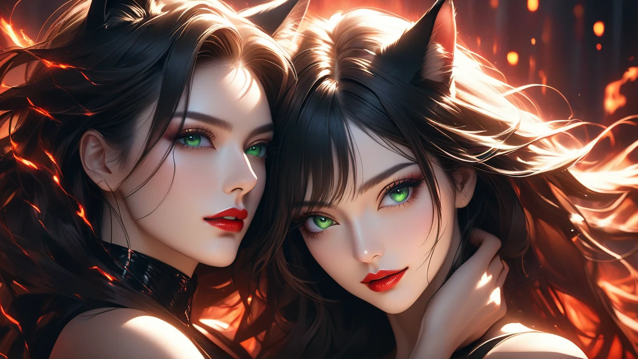 A loving couple, catgirl, flame, beautiful detailed eyes, beautiful detailed lips, extremely detailed eyes and face, longeyelashes, detailed romantic pose, magical atmosphere, vibrant colors, dramatic lighting, digital art, cinematic, highly detailed, photorealistic, 8k, best quality