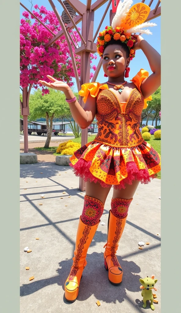 A black-bodied monster with big eyes and sharp teeth, wearing a funny outfit that includes an orange skirt and a yellow crop top, standing in a playful pose.