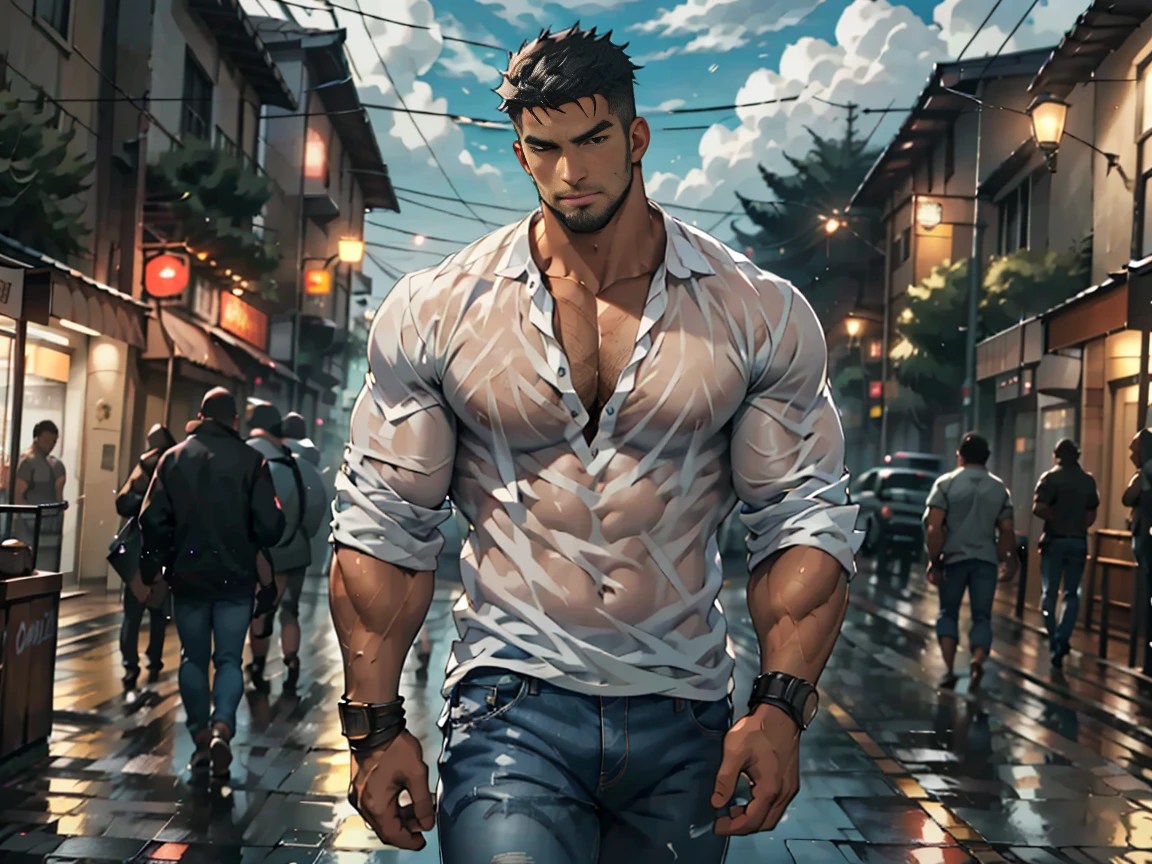 1man,short hair, muscular, beard,baseball cap,shirtless, gold chain, necklace, open jeans, lamppost,(masterpiece, best quality, highres, ultra detailed ),tokyo \(city\), night, (driving a motorcycle on the street ) , looking at viewer, front view,