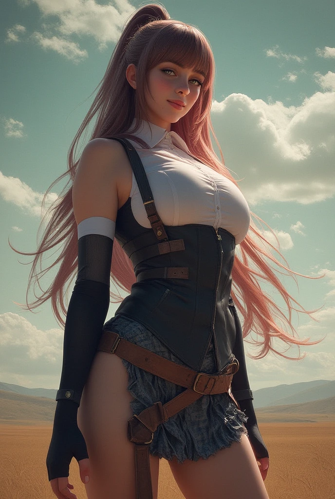(masterpiece, Best quality, 32 thousand.), (((facing the viewer, full height))), ((full body)), Young age girl with pink hair , ((pink глаза)), ((Eyeliner)), ((Beautiful face, sultry face, mischievous face, fine features, sexy face)), ((pale skin, Smooth skin, perfect skin)), ((cute outfit, Stylish outfit, Medieval attire, fantasy outfit, tactical equipment:1.3))
