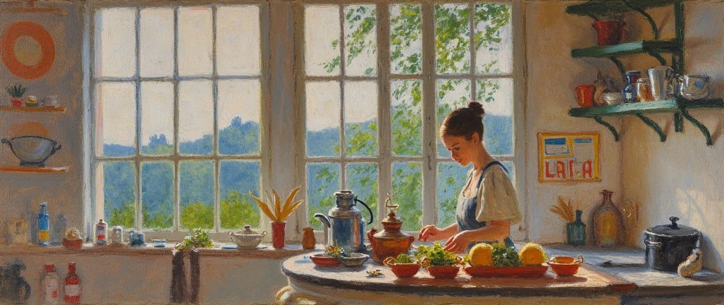 Create a naked girl sitting at a kitchen table with an old woman cooking