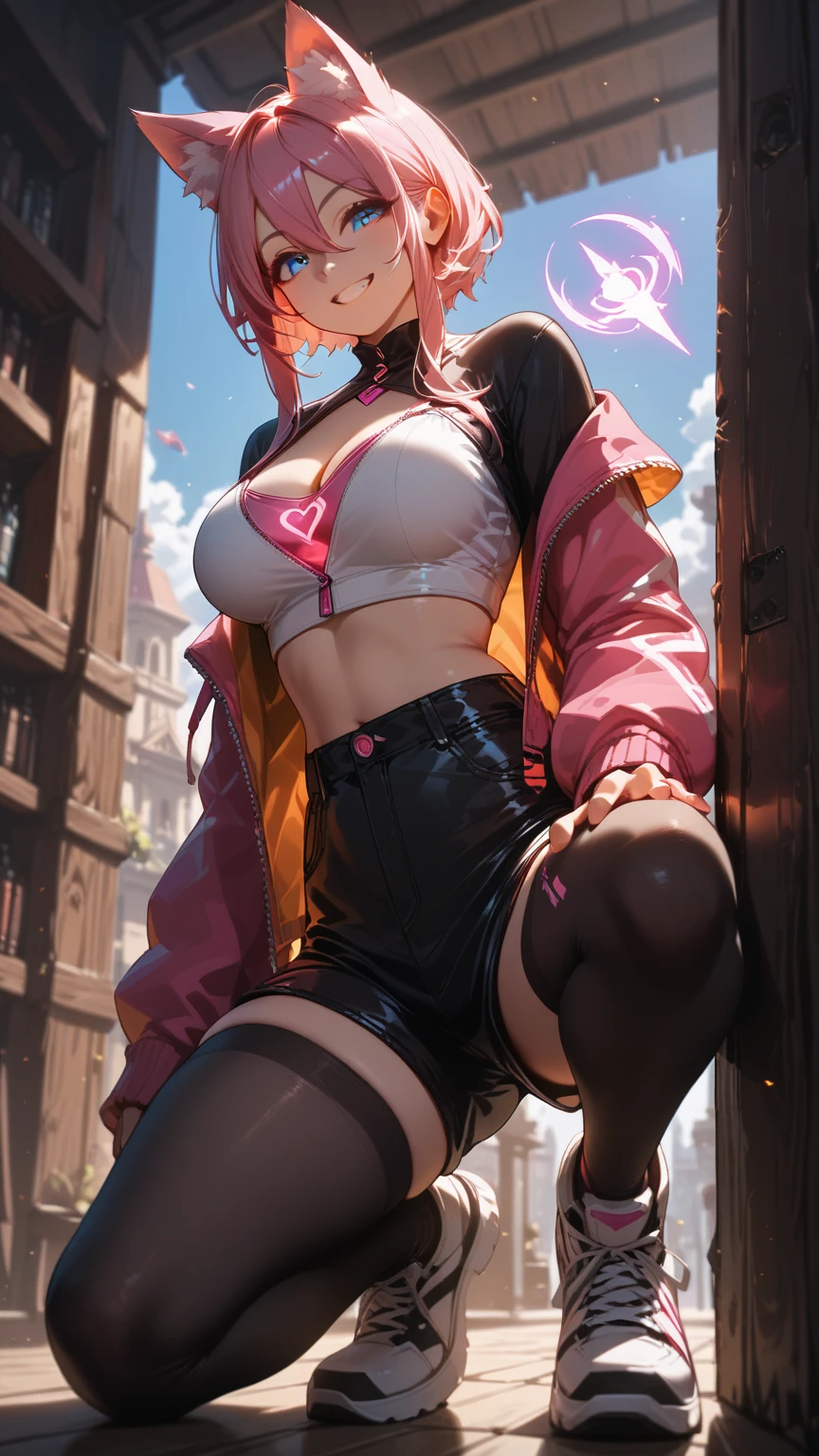 Raw photo, masterpiece, best quality, ultra-detailed, high resolution, extremely detailed CG, unity 8k wallpaper, official art, production art, novel illustration, caustics, textile shading, super detailed skin, perfect anatomy, detailed, cinematic lighting, dynamic lighting, young and short adult woman, 21 years old, beautiful detailed eyes, (shiny alabaster skin), sexy smile,(nsfw:0.7), (Casual Sports Top and Leggings :1.5), (DD breasts), curvy and thick slim body, large buttocks, blonde, garter belt, Pretty starry pupiled eyes, long lashes, eye shadow, eyeliner, detailed eyes, beautiful eyes, full pink lips, short height(160cm), Two toned hairstyle(Astral colored hair) behind viewer, back shot, hips focus, short height(160cm), shy and timid expression personality