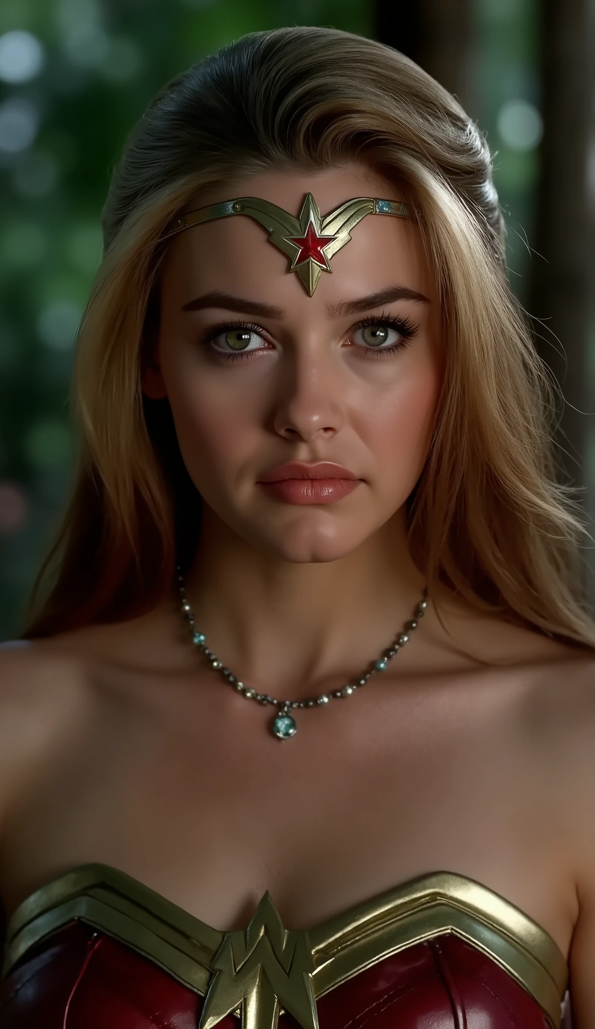 Anya Taylor Joy Wonder Woman, highlighting her role as a leader and symbol of hope, is a figure of strength and elegance, that transmits power , but also a deep humanity. Seu rosto, marked by experience, it displays a firm expression, but welcoming . Her eyes are intense and penetrating, but also a vulnerability that connects her with others, in a version focusing only on her upper body. The eye transmits determination, but also a trait of empathy, Even in a more intimate posture focused on the upper body. Her hair is long, with natural waves, and seems to almost float around her, The golden armor that covers her is polished. as if she were always attentive to the needs of those around her, que reflete a luz de maneira sutil. The tiara with the red star shines determination, as if being pulled by a gentle wind. Wonder Woman isn't just a warrior, The dark tone of her wires stands out against soft shine of her brown skin {x} with subtle lines of wear that indicate that it has been tested by battle, but still preserves your strength. The ribbon of truth, with its discreet brilliance, rests next to your waist, and her posture transmits confidence and serenity. as if her inner strength were the true source of her beauty, she exudes an aura of silent power, reflecting a wisdom acquired over many battles. courage; she is also a symbol of justice, Strength and humanity. dark forest background Ultra-detailed textures, cinematic lighting, resolution 8k, photorealism and dramatic atmosphere." 8K, details rendered on Unreal Engine 5 .