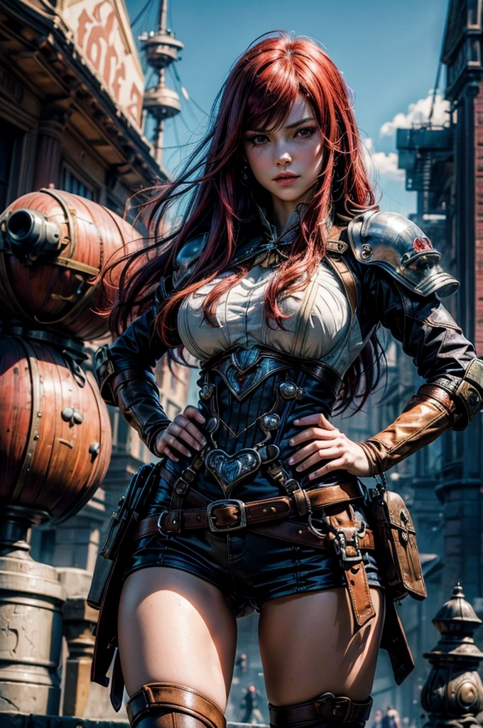 realistic, detailed, realistic details, intricate detail
break,
1girl, solo, cyborg, (((mechanical arms, mechanical legs))), long hair, choker, beautiful, slender, petite, cleavage, small breast, detailed skin complexion, tanned skin, silky skin, bustier, open leather jacket, skin tight shorts, dynamic pose, red hair
break,
(((fantasy environment, medieval cityscape, fantasy world, steampunk))), intricate and detailed background, volumetric fog, people in background, wild west
break,
portrait, wide perspective, f1.4/35mm,  depth of field, proportion, sharp focus, depth and dimension, proportion, rule of third