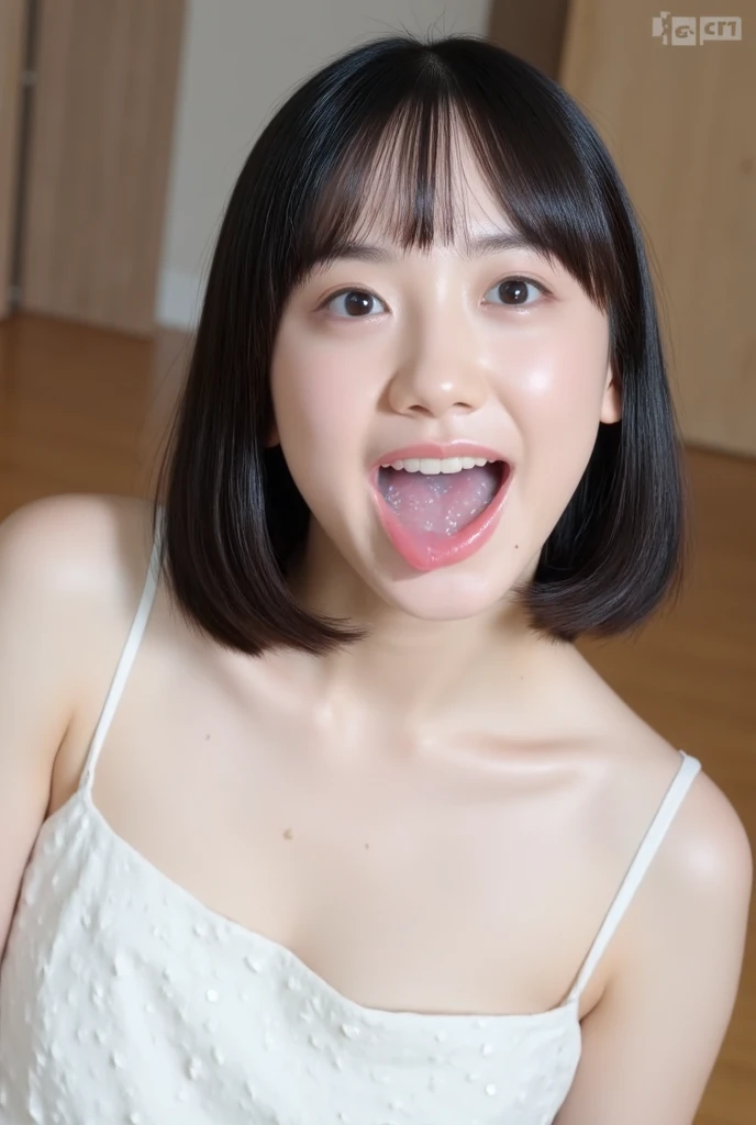 camisole,Denim shorts,open mouth,tongue out,cum on tongue,Sitting on a black sofa,looking ahead,from above,flont view,face focus,open mouth,tongue out,(1girl,Beautiful 16 year old girl),((Slender,Small breasts,Small face,)),looking at viewer,Black Hair,bangs,straight,Beautiful and detailed,Mischievous smile,Dimly lit room,Simple Background,Gray background,Low lighting
