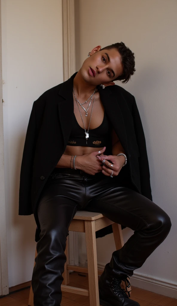 A young man, Bucket black hat, red hair, with golden glasses, with a black puffle jacket and a black shirt with shiny details on the shirt, with a golden triangle necklace, long velvety black pants, white background, studio photo, full bodied