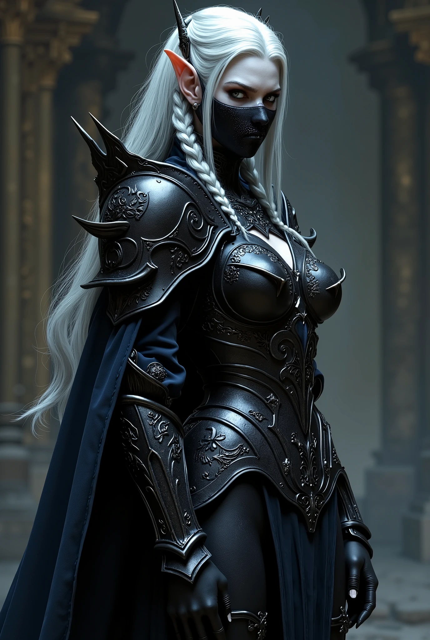 The full-length character in the image is a dark and stately looking elf, wearing detailed and ornate armor. Her black armor has a gothic and aggressive design, with sharp plates and complex carvings, Covering your shoulders , arms and torso. The costume is complemented by a long dark blue cloak, that adds a touch of nobility and mystery to her presence. Her face is pale and partially covered by a black mask that hides her mouth and nose, making her expression even more enigmatic. Os olhos, shaded by dark makeup, convey a cold and calculating aura. Her silvery white hair is long and slightly disheveled, with small braids adorning the sides and highlighting her pointed ears. The character's pose is firm and resolute, reinforcing her strong and determined presence. The artistic style is highly detailed, combining elements of dark fantasy with realism, making the character visually impressive and full of personality.