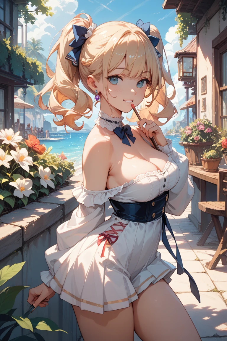 (from above:1.2),(from side:0.9),(A masterpiece of image quality in 8K),(Beautiful Allafed Woman),(((emphasizing breasts:1.1))),(Dynamic angles),(Dynamic and sexy bending pose:1.3),(sit a chair:1.1),(Short hair in shiny silver and orange inner colors,small full breasts,Disturbance of clothing due to movement,breast slip,(Ponytail twisted buns adorned with elaborate braids and beads,Braided Setup Fishbone Hair,),(see-through bangs),(perky chest:1.1), (pointed chest:1.3), small breasts、(((A white lace apron that shows your bare skin from under your small breasts)))、Blush with embarrassment、Enraptured eyes、A smile that beguiles the viewer、(Look back:1.7)、Look into the photographer,skin glistening with sweat,gazing at viewer,,(Professional Lighting),(8K,masutepiece,top-quality,Ultra-high resolution output image,),(Ultra HD with complex detail image modes),depth of fields,Beautiful hands,Beautiful fingers,Detailed finger features,(Detailed hair features:1.7),detailed facial features,detailed clothes features, (perky chest:1.1), (pointed chest:1.3), seductive weak smiling,(with sparkling eyes and a contagious smile),little open mouth,
