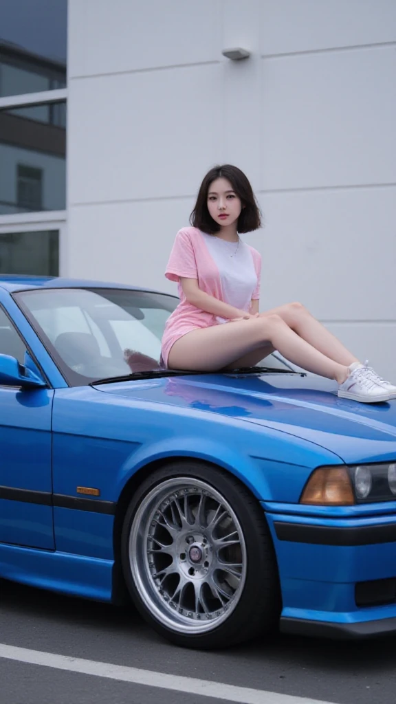 SFW, (Closeup from Crotch to Face) ExtremelyDetailed (SchoolGirl Lean against the Car) Spread Knees Up, perfect face, (Coronet), (Delicate Clothing textures) Sailor Uniform with Red Ribbon (((WhitePanties))), perfect hand (4 fingers and one thumb), Corrected Childish fingers, corrected leg to foot line, ((Starry Colorful Lights at Dusk))((specular reflection of car body)), ((Hidden Arm) Hidden Feet), TopQuality 8K Ultra-detailed masterpiece (ProfessionalPhoto:1.37)(Acutance:0.8)