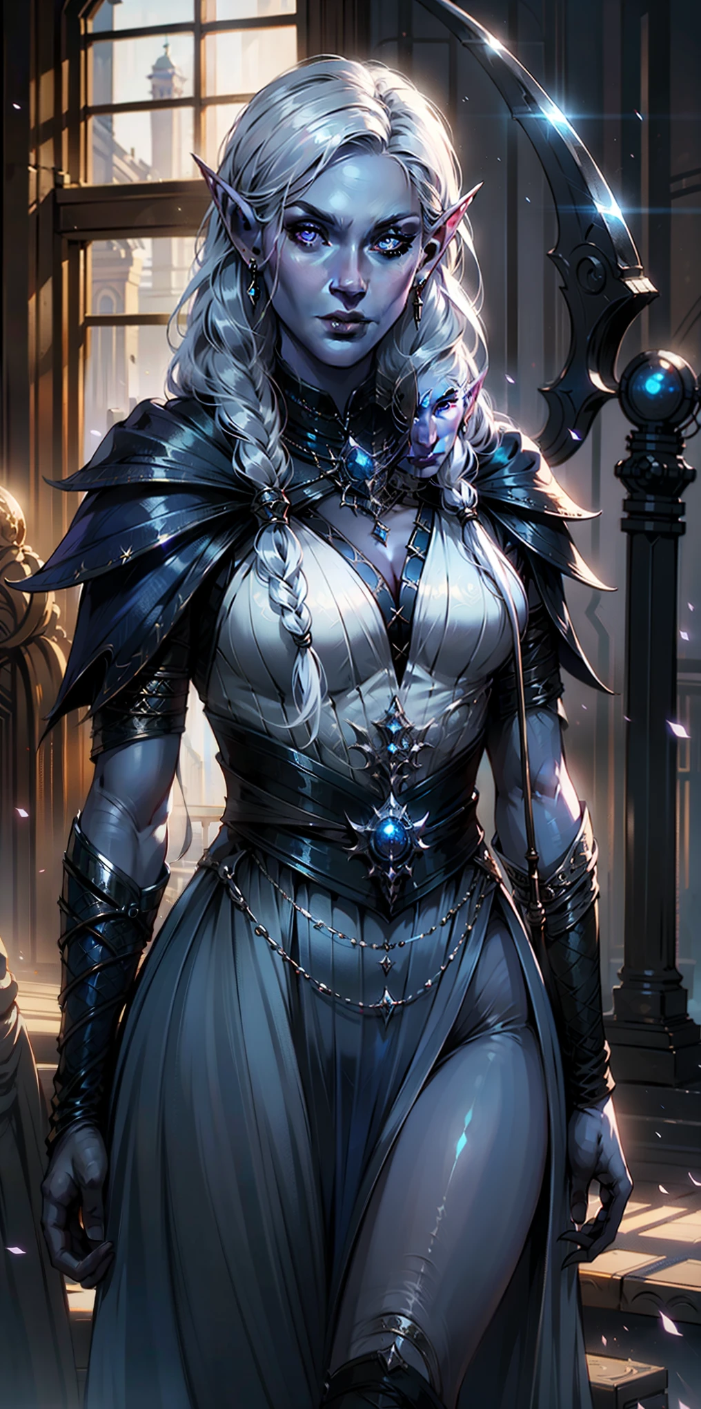 1girl, drow sexy, purple-blue skin, long and elaborate braids of pale silver, ((Eyes red)), jewelries, elf ears, aretes, ((white sorceress sexy dress)), ((manages the team)), ((Cast light magic)), on a roof of skyscrapers, athletic, Volumetric lighting, best quality, master part, Realistic, anatomically correcte, (Strong cinematic lighting), impressive details, details Intricate, 8K post-production, high resolution, super details, trending on ArtStation, sharp focus, depth of field f/1.8, Studio Photos, (((Looking at camera)))