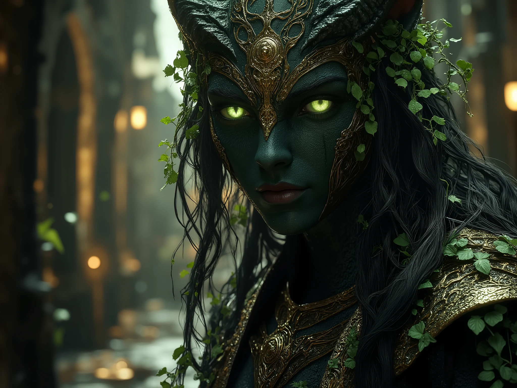 A werewolf panther girl with panther ears and tail and claws on her fingers. Big Green Cat Eyes, dark skin, long black hair, fit body with the grace of a predator