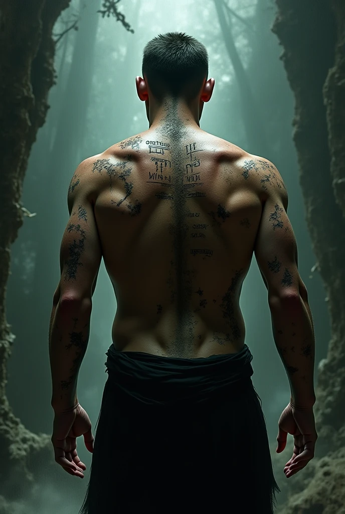Photographic quality，Super clear photos with a cinematic atmosphere，The content is the back of the prison break male lead，Showing the prison design on his back，A map like a maze，Ultra-clear，The light and shadow effect is quite strong.