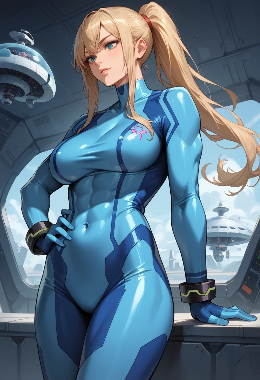 (masterpiece), best quality, expressive eyes, perfect face, (alien spaceship with planet Saturn background), (standing), (smirk), (front view), (1girl, age 18+, Margot Robbie, fair skin, blonde hair, long hair, ponytail hairstyle, blue eyes, hourglass figure, thin body, skinny body, large breasts, huge breasts, oppai, wide hips, thick thighs), (samus aran zero suit, samus aran, zero suit, cameltoe),