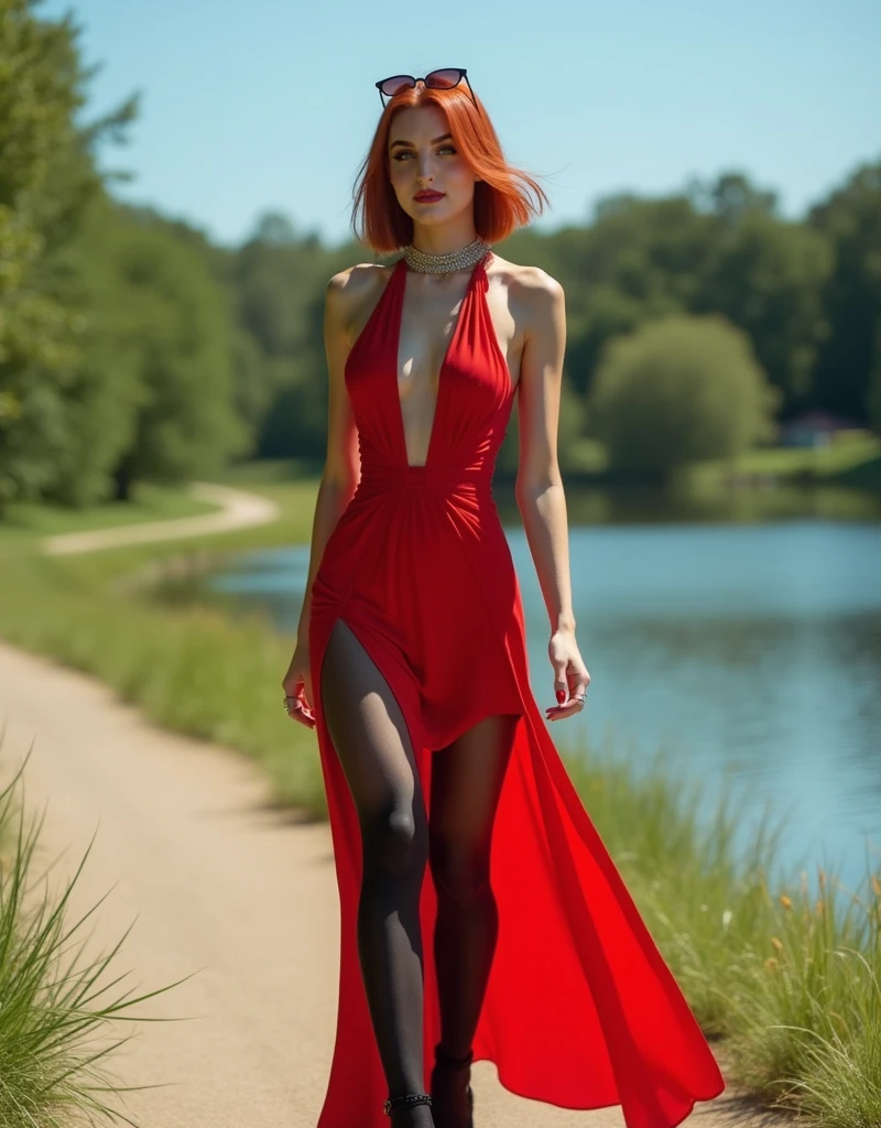 A short and nerdy teenager revealed that she is muscular, 1 girl, 17 yr old, powerhouse, red blonde hair, alabaster tanned skin, styled hair, Contact lenses, (wearing a red off-the-shoulder maxi dress with a slit on the leg), breasts small, flat-chested, sculpted abdomen, 8-pack sit-ups, steel abdomen, shredded abdominal muscle, cut lower obliques, washboard abdomen, Scrawny, marvelous, Waist slender, standing in the garden, Using makeup , large testicles flaccid penis hyper veins excessive cum dripping