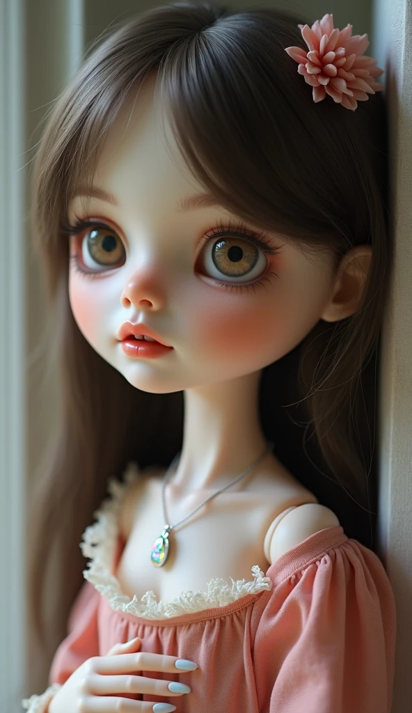 Blythe doll, very intense red hair, shoulder hair, cabello ondulado without fringe, light brown skin, Brown eyes, round nose, red eyebrows, with makeup, without fringe, thin eyebrows, long eyelashes, ear piercing,