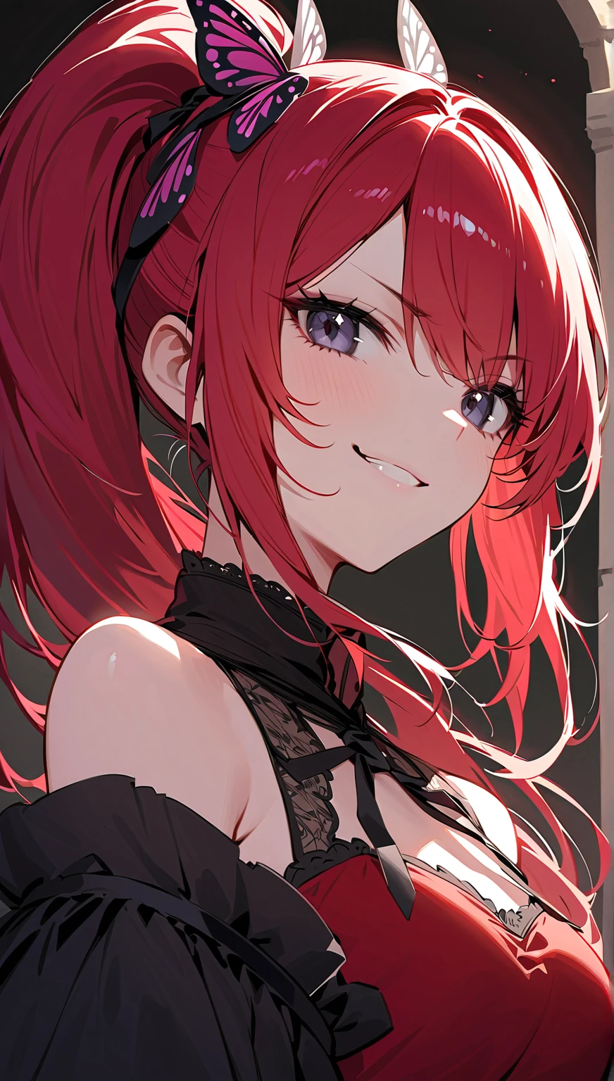 ((best quality)),((masterpiece)),((strikingly beautiful mature_female)),1girl, solo, high quality, masterpiece, skinny, mature, yandere, red hair, black forest, spoken heart, close up, expressionless