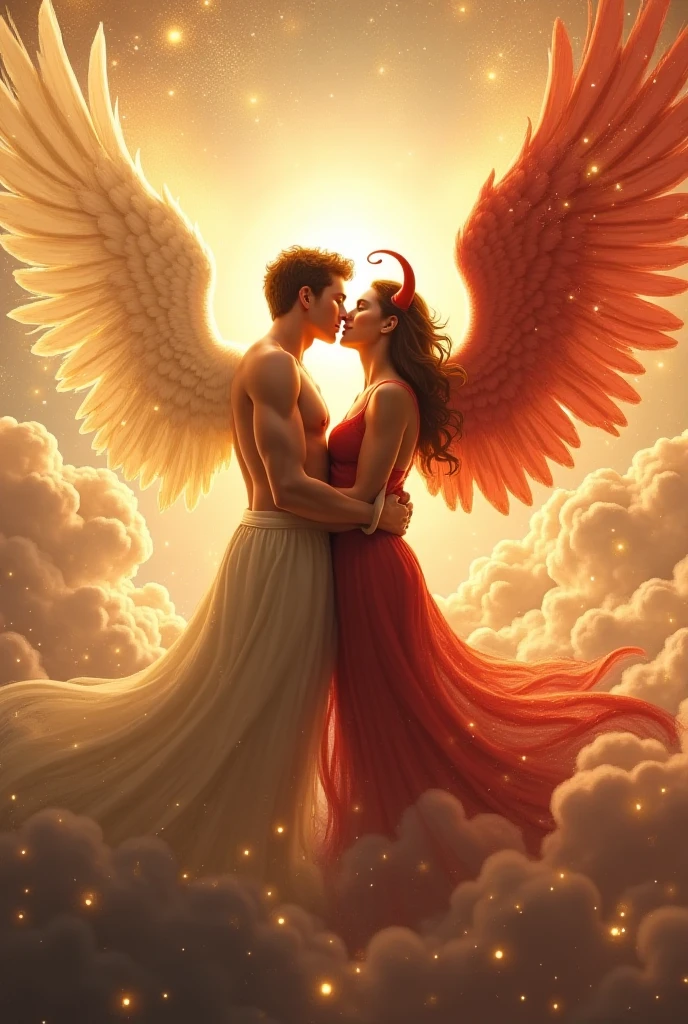keep the same subject, just change the background, a man and a woman sitting on the clouds, the background is many small soft clouds in the light pink orange sky with scattered feathers, light upside down on the subject, bright light at the end of the horizon, sunset sun, a couple of lovers, photo from a promotional photo shoot, angel protecting women, woman in red dress, black hair and wearing a laurel wreath, angel with big white wings, angel themed photo, biblical exact god, angel themed, fantasy photography --auto