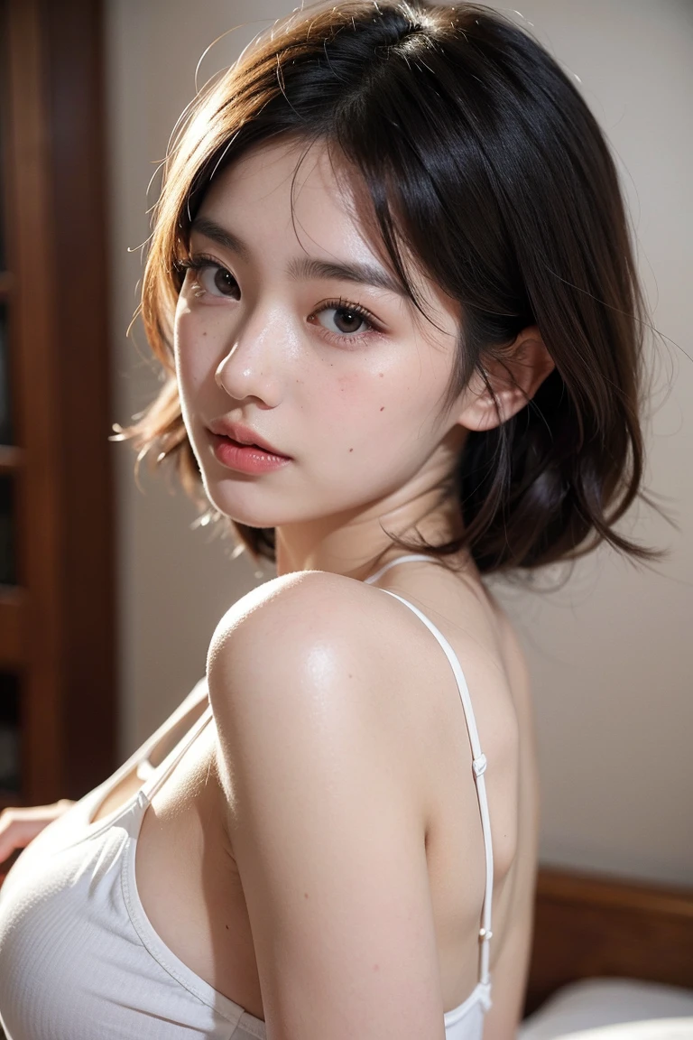 An ultra-high picture quality、japanes、1 woman around 20 years old、Black hair、short-cut、Beautiful face with blue eyes、A detailed face、Detailed eyes、realisticeyes、Detailed skin、realskin、Detailed hair strands、dishevled hair、disheveled hair、Slim body、Beautiful body、Nice style、Soft looking、((Hollow smile))、In a moonlit room、Sit with your knees、on the beds、Put your face on your lap、Head Tilted、Lonely look、