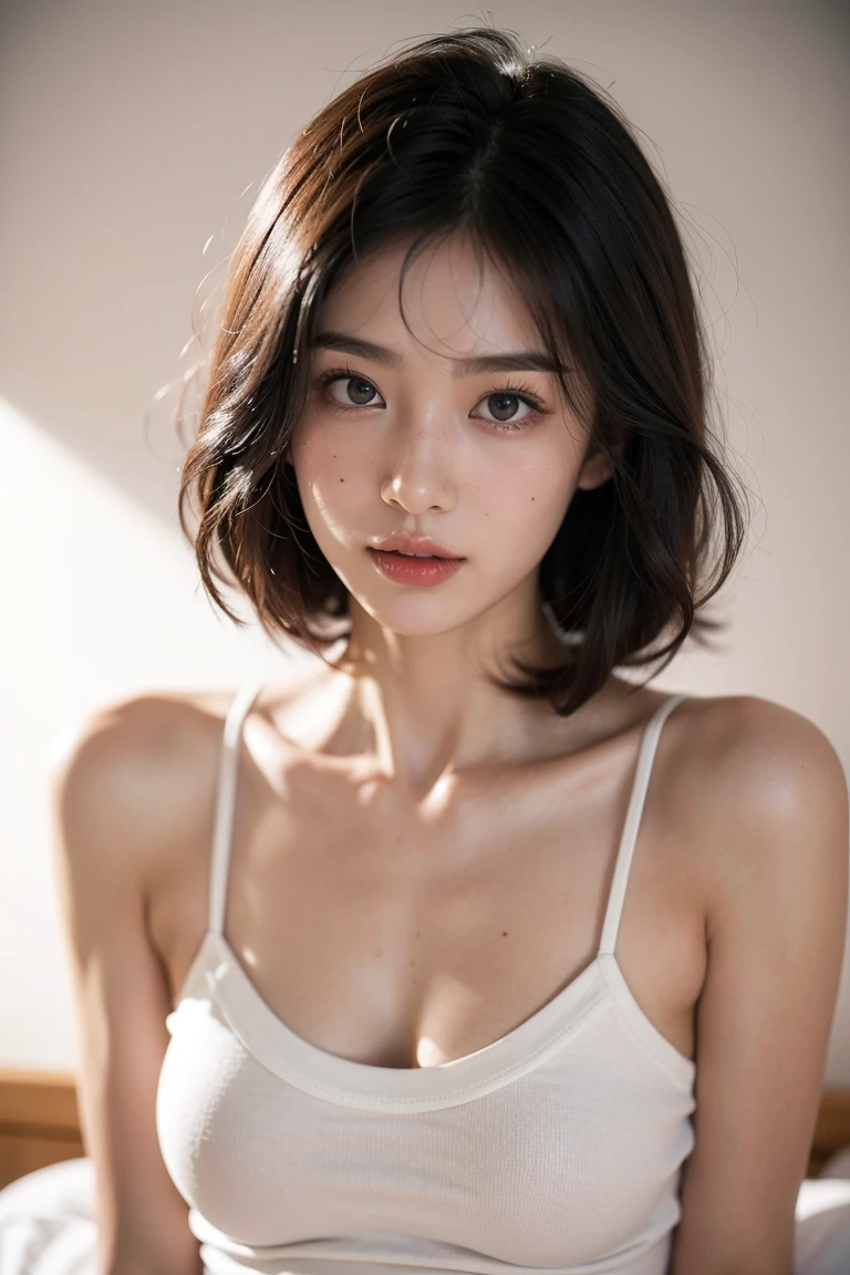 Skin Tight Black Top:1.2, Looking at Viewer, Cinematic lighting, Perfect, softlight, High resolution skin:1.2, Realistic skin texture, Realistic face、30 years old mature woman、Small face、二重まぶた、natural make up、off shoulders, Exposed cleavage, Blue eyes, Short hair, dark brown hair、Bust B Cup、fullnude、The background is a gray photo screen