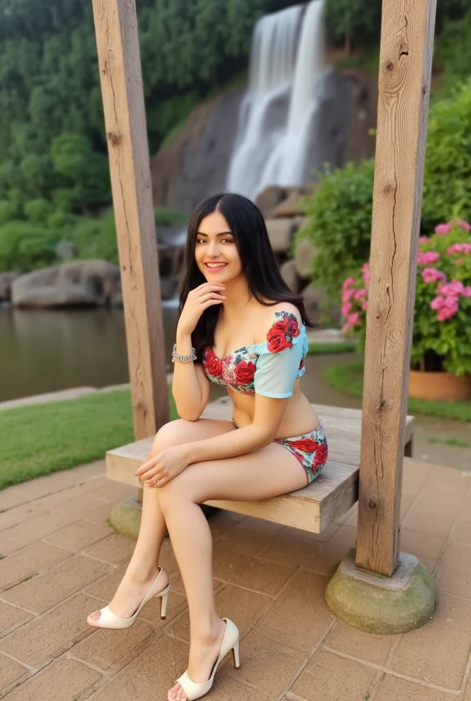 Mulher de Arafed sentada em uma rocha em frente a uma cachoeira, ao lado de uma cachoeira, cachoeiras ao fundo, com cachoeiras, com uma cachoeira, com cachoeiras e rio, banho em cachoeira, cachoeira ao fundo, julia fuentes, 21 anos, em uma caverna com a cachoeira, 2 2 anos, with trees and waterfalls